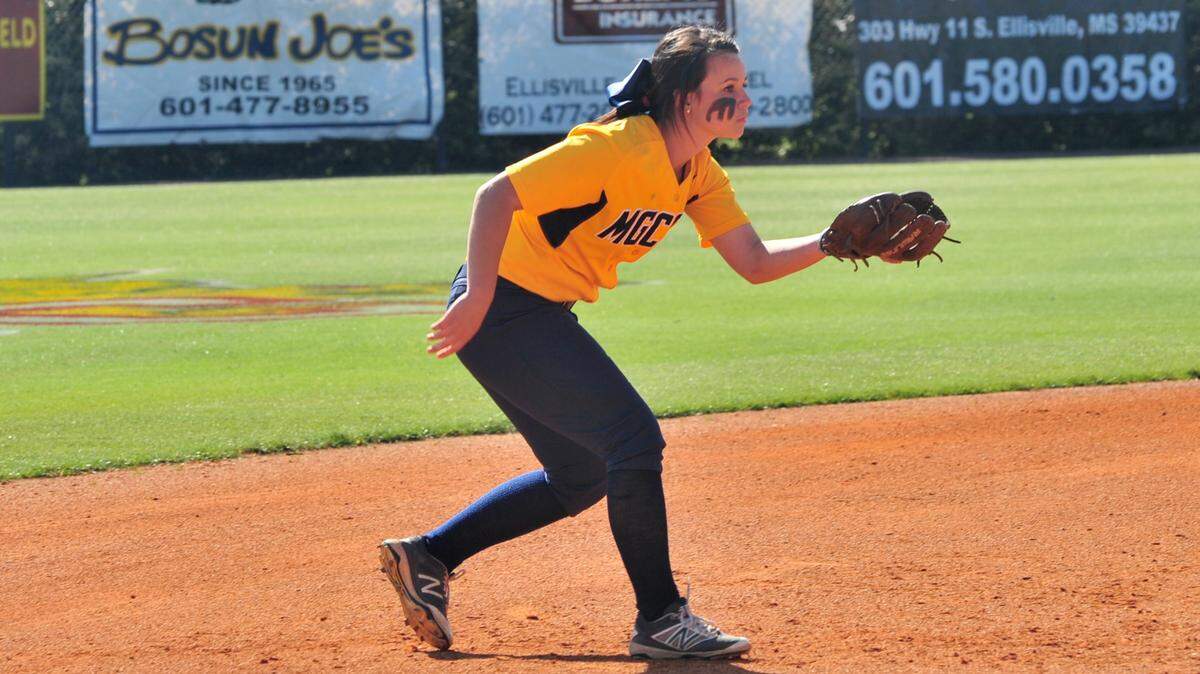 DON HAMMACK/MGCCC 
 Mississippi Gulf Coast shortstop Lexie Mathis awaits a pitch during Game 1 at Jones County in Ellisville on Tuesday.