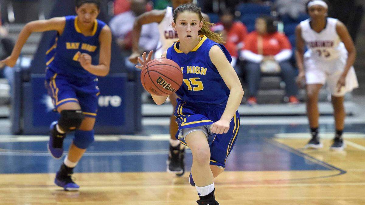 CHRIS TODD/SPECIAL TO THE SUN HERALD 
 Bay High's Breanna Fountain (15) leads the break up court for the Lady Tigers on Thursday, March 3, 2016, in the MHSAA state basketball tournament quarterfinals at the Lee E. Williams Athletics & Assembly Center on the Jackson State University campus in Jackson, Miss.