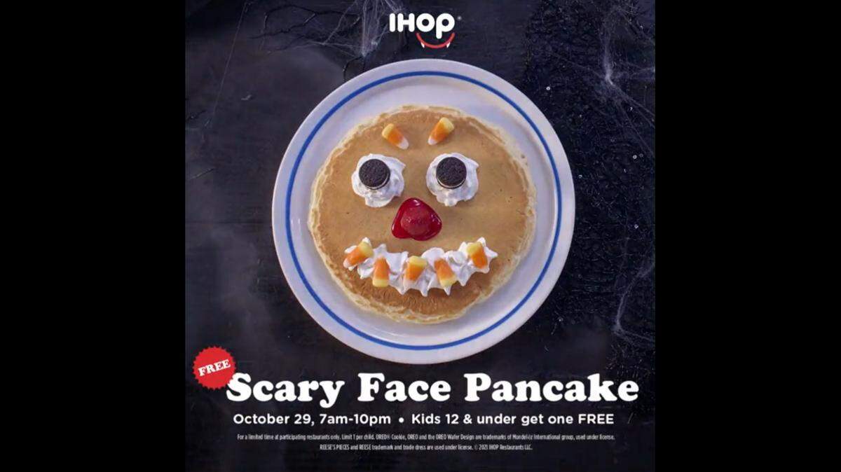 IHOP is treating children 12 and under to free scary face pancakes ahead of Halloween on Friday, Oct. 29.