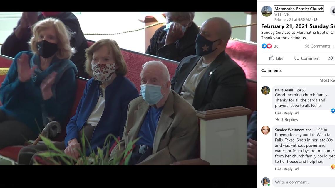 In this Sept. 30, 2018 file photo, former President Jimmy Carter and Rosalynn Carter are seen ahead of an NFL football game between the Atlanta Falcons and the Cincinnati Bengals, in Atlanta. The couple recently returned to in-person services at their church in Plains, Georgia after receiving the COVID vaccine. (AP Photo/John Amis, File)