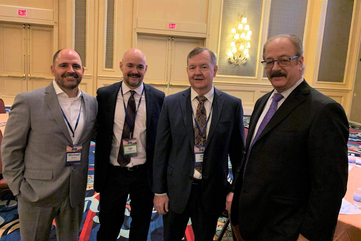Lee Bond, second from left, joins other former executives from the IP Casino in Biloxi who helped bring the casino back after Hurricane Katrina. From left are Michael Bruffey, former general counsel at IP and now at Island View Casino, Bond, former vice president of operations at IP and now CEO of Singing River Hospital, Jeff Cooper with Rubin Brown LLP and trustee of Engelstad Family Foundation and Jon Lucas, chief operating officer of Hard Rock International and former general manager of IP Casino Biloxi,who spoke at the 2021 Southern Gaming Summit.
