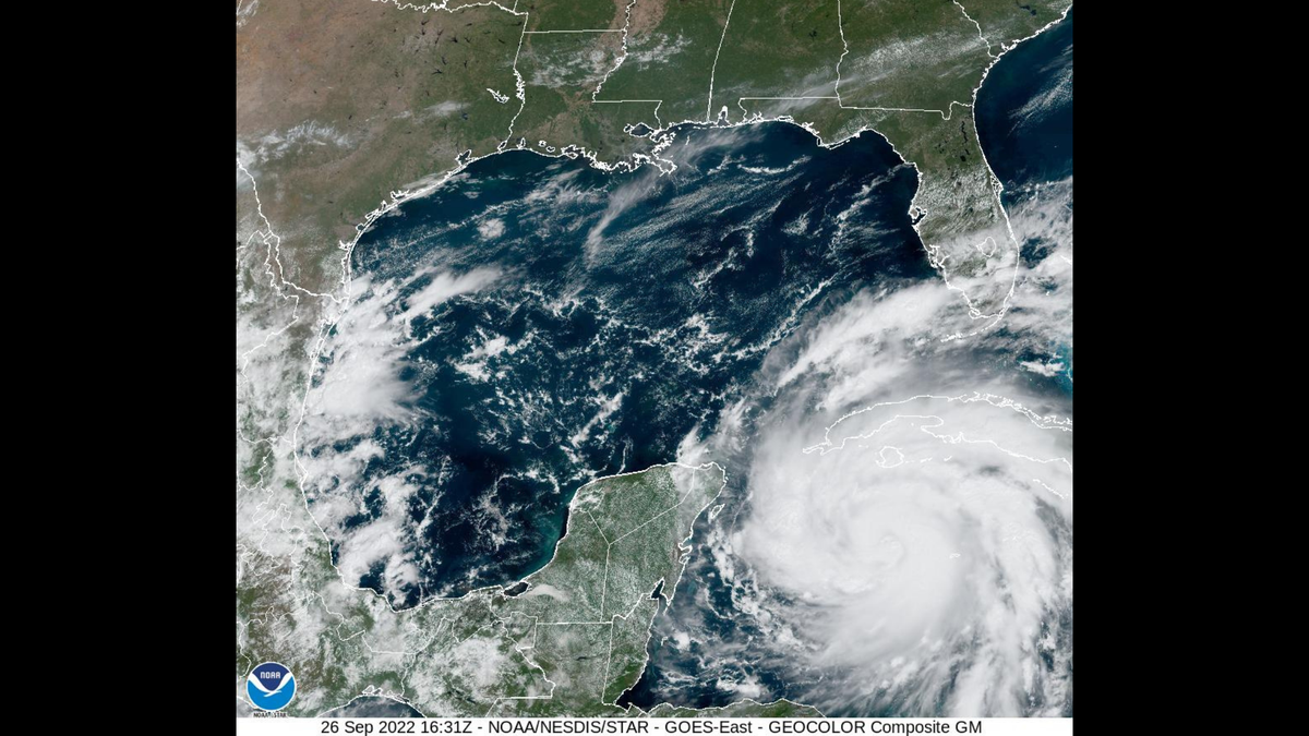 A satellite image of Hurricane Ian in the Caribbean sea nearing Cuba and the Gulf of Mexico.