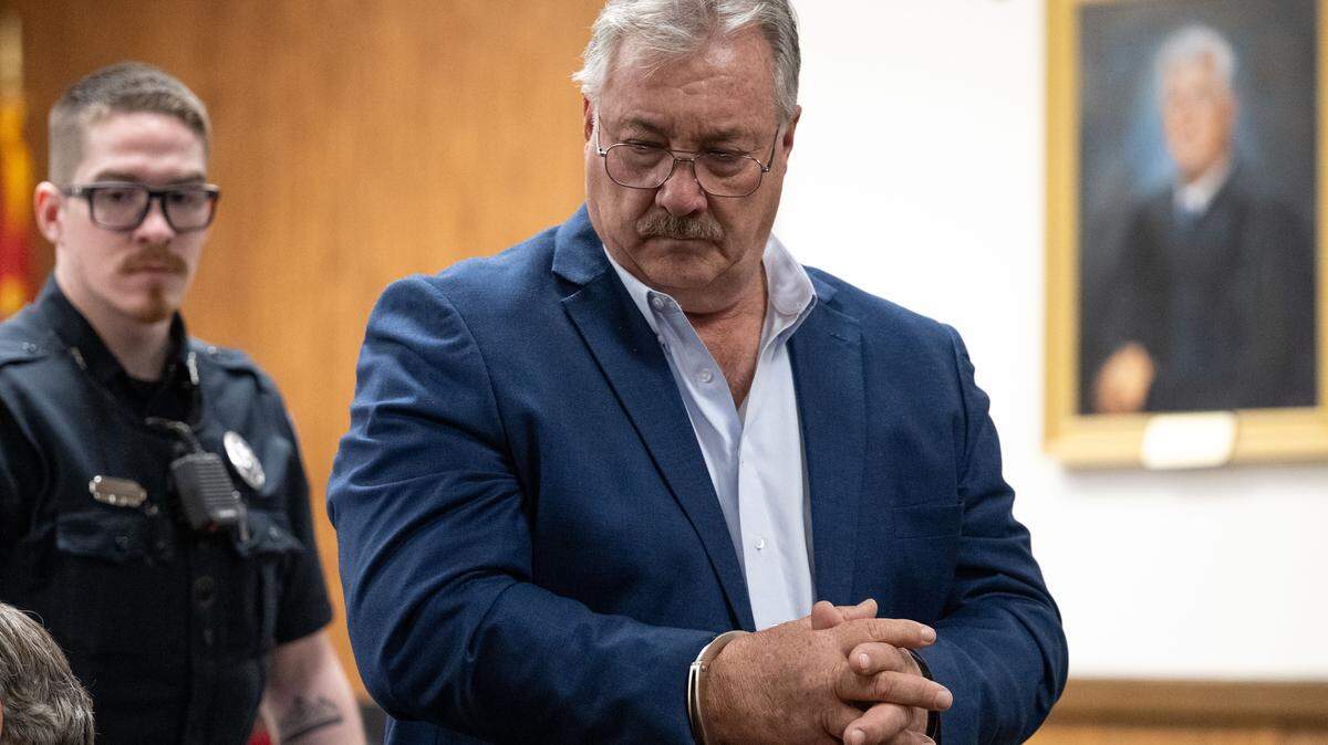 Philip Moran appears in court wearing handcuffs during a hearing at Harrison County Circuit Court on Wednesday, Jan. 28, 2026.