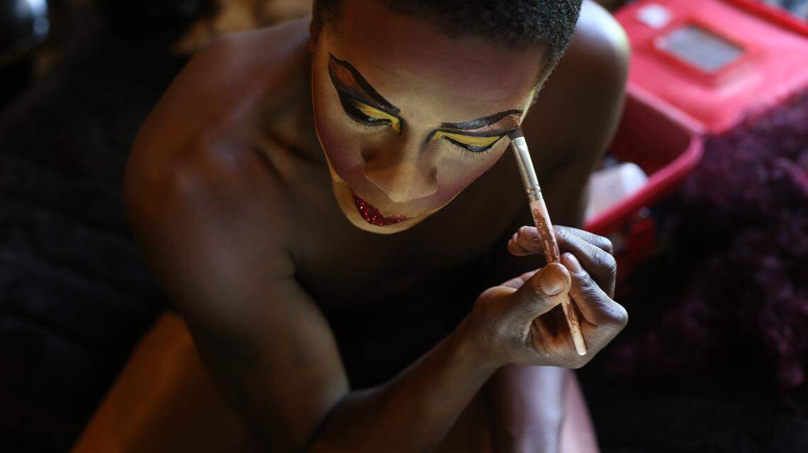 Zamaryeah Dawn gets ready to perform at a drag brunch at 100 Men Hall in Bay St. Louis in June 2019.