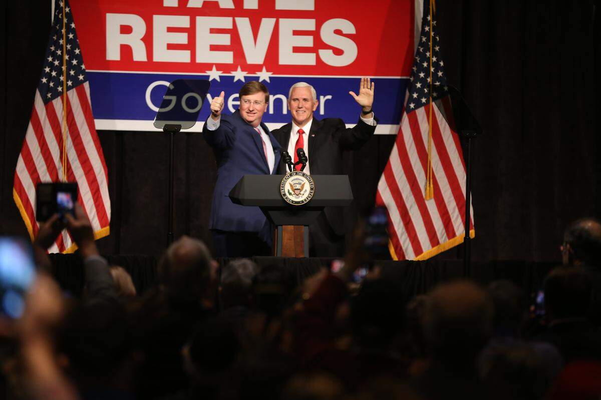 Vice President Mike Pence spoke at a rally on Monday, Nov. 4, 2019, in support of Republican Tate Reeves, the current lieutenant governor, who is battling Democrat Jim Hood, Mississippi’s current attorney general, in the governor’s race. The election is Tuesday, Nov. 5, 2019.