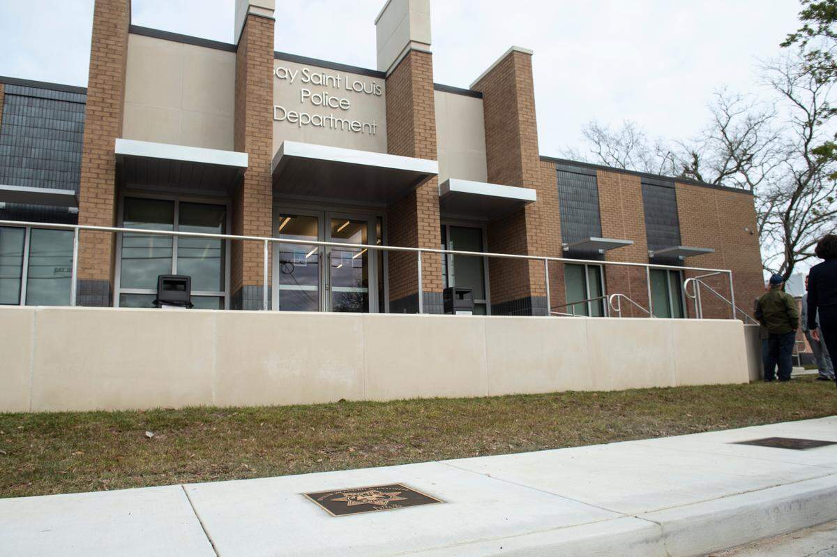 Commemorative stars in honor of Sergeant Steven Robin and Officer Branden Estorffe outside the new Bay St. Louis Police Department in Bay St. Louis on Thursday, Dec. 14, 2023.