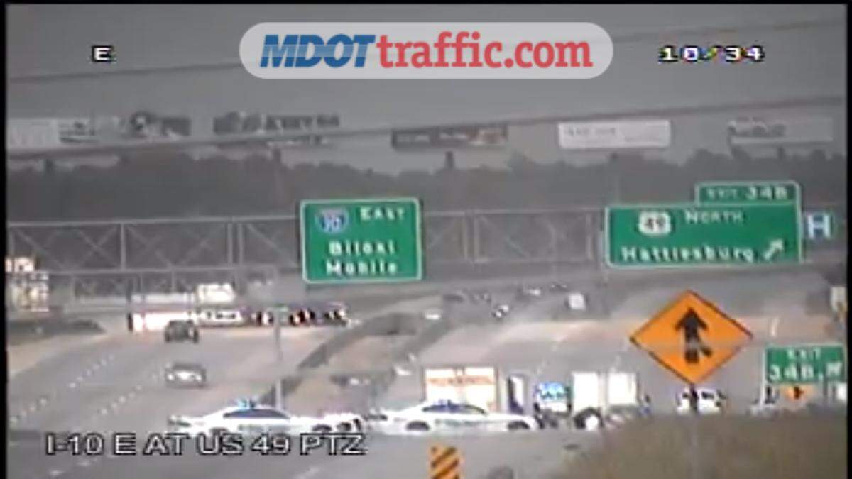 Law enforcement had all eastbound lanes of Interstate 10 closed at the U.S. 49 exit on Monday afternoon, May 3, 2021, during a police pursuit.