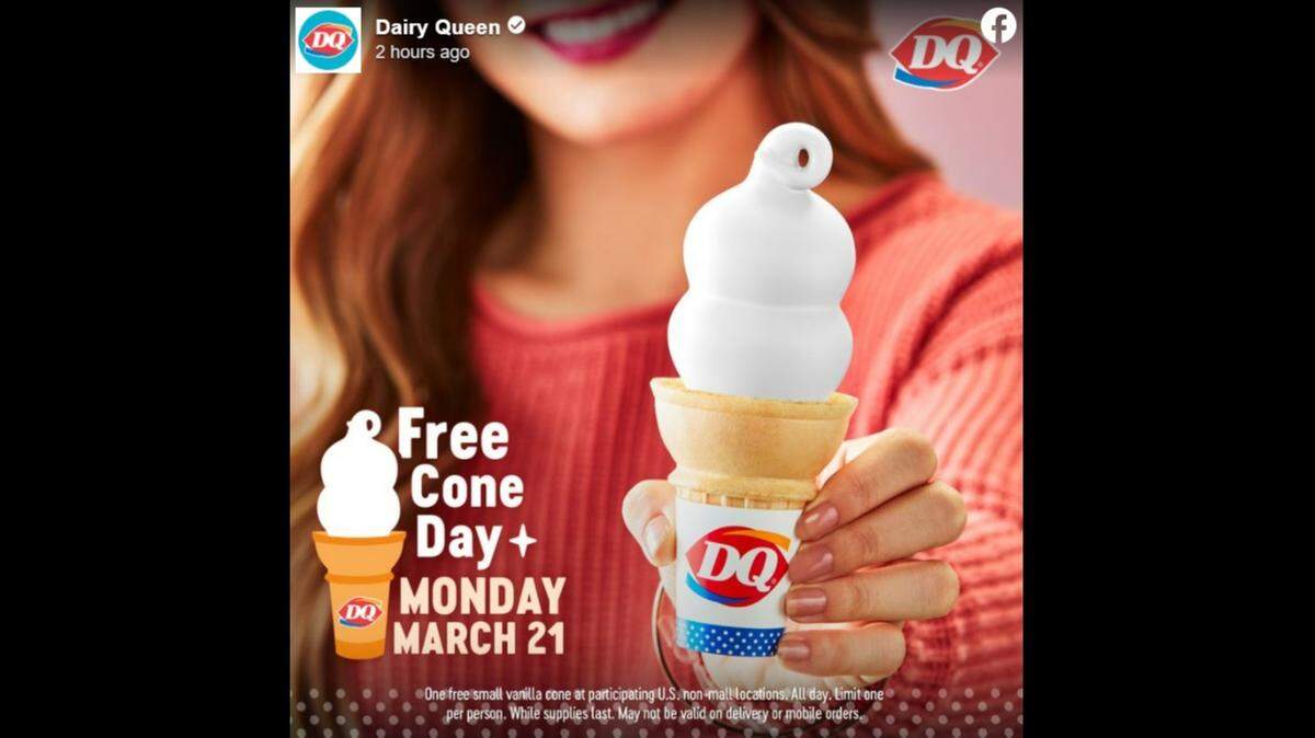Dairy Queen is offering customers one free ice cream cone at participating restaurants nationwide on Monday, March 21.