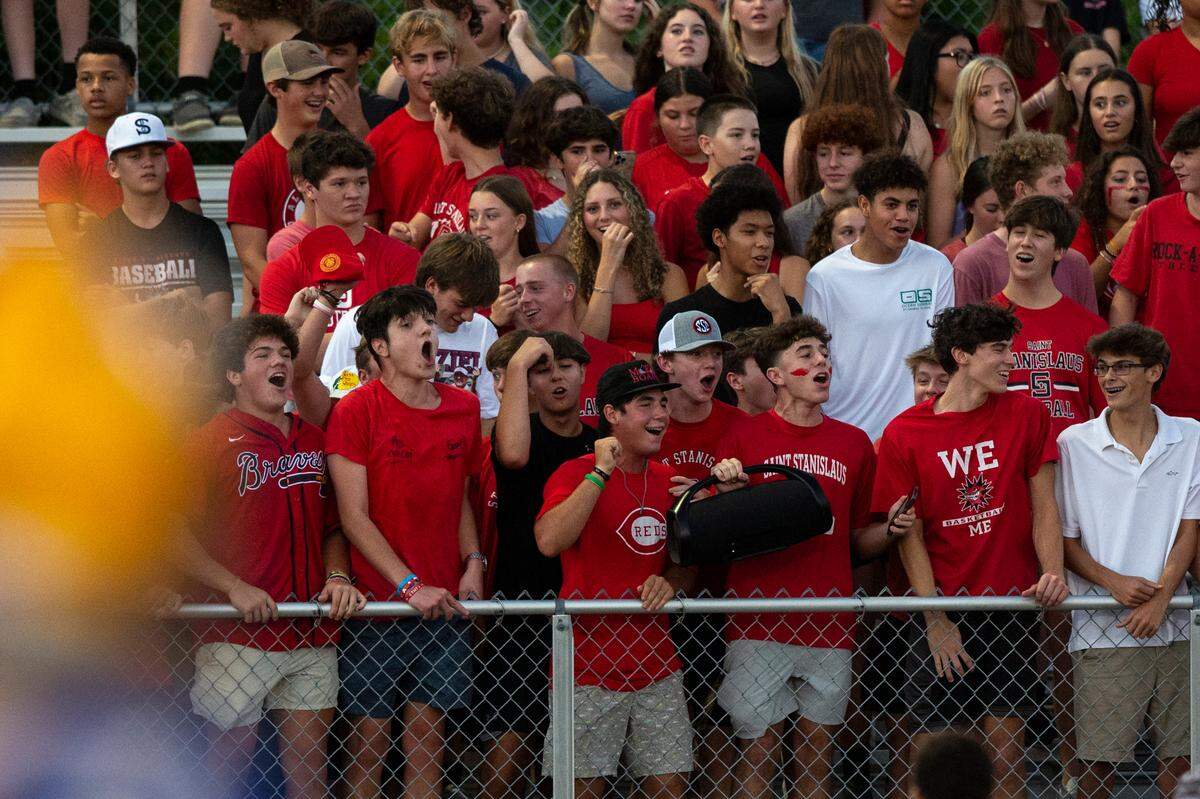 The St. Stanislaus student section during a game at Bay High in Bay St. Louis on Friday, Sept. 1, 2023.
