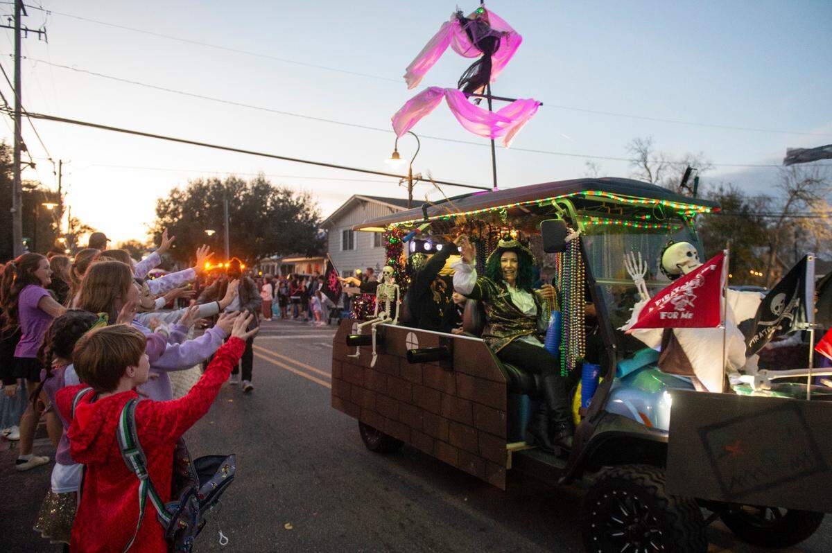 Mystic Krewe of the Seahorse’s Lundi Gras parade makes its way down Main Street in Bay St. Louis on Monday, March 3, 2025.