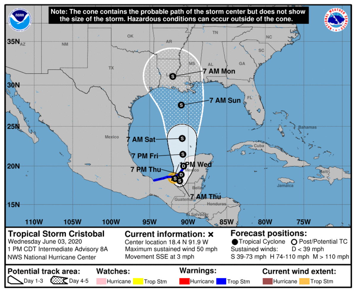 Tropical Storm Cristobal’s path is expected to take it to the Gulf Coast this weekend.