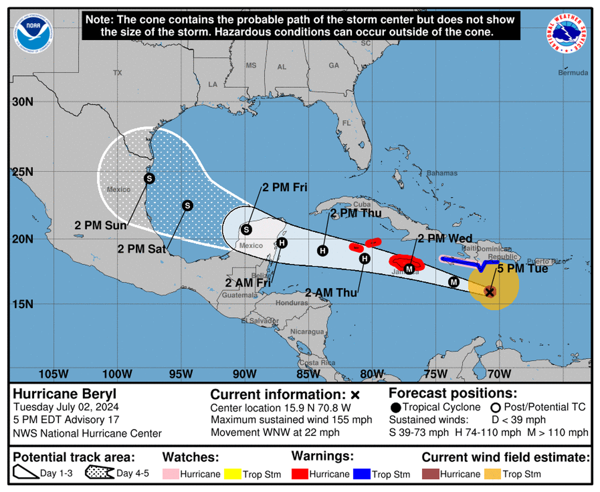 A National Hurricane Center map shows Hurricane Beryl’s predicted path through the Caribbean Sea.