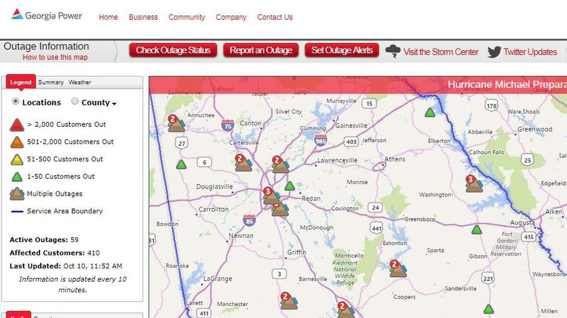 Georgia Power updates Middle Georgia residents in real-time to power outages. Hurricane Michael is expected to move into MIddle Georgia late Wednesday, October 10, 2018, after making landfall on the Florida Panhandle.
