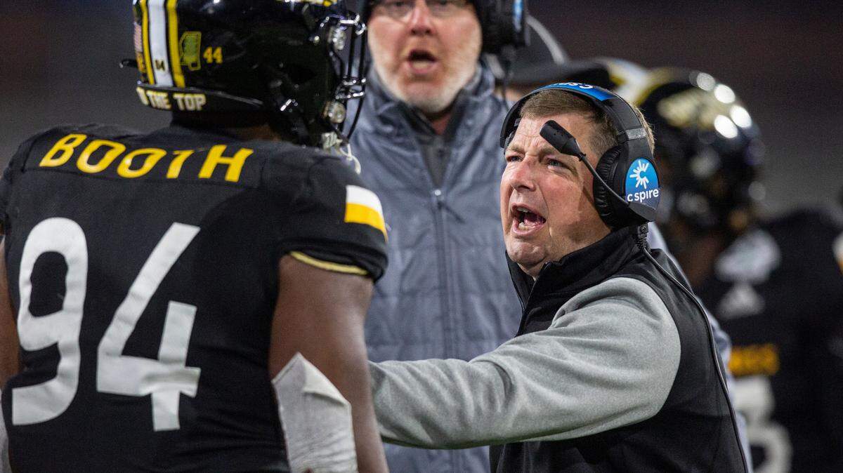 Southern Miss Coach Will Hall yells at Southern Miss’ Kristin Booth during the Lending Tree Bowl at Hancock Whitney Stadium in Mobile, Alabama on Saturday, Dec. 17, 2022.