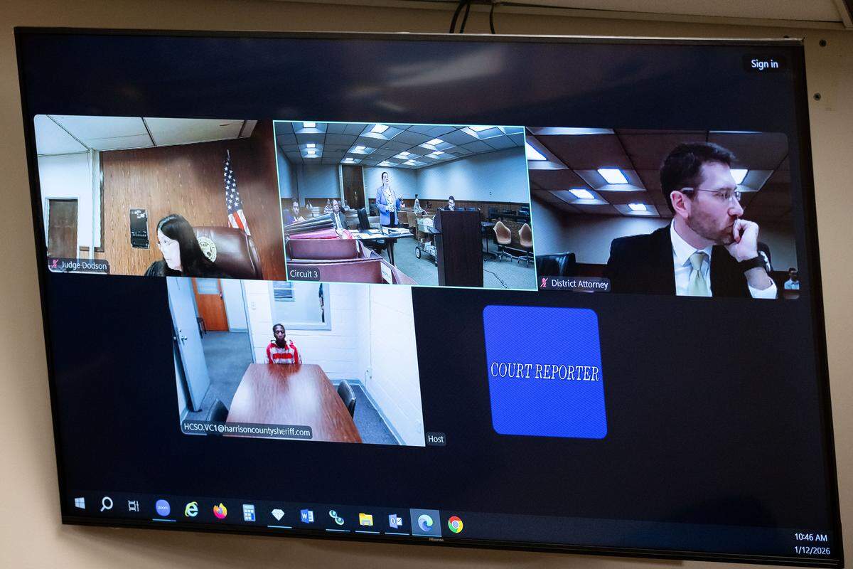 Ayiesha Bowdry appears on a video call for a hearing before Judge Lisa Dodson at Harrison County Circuit Court in Gulfport on Monday, Jan. 12, 2026.