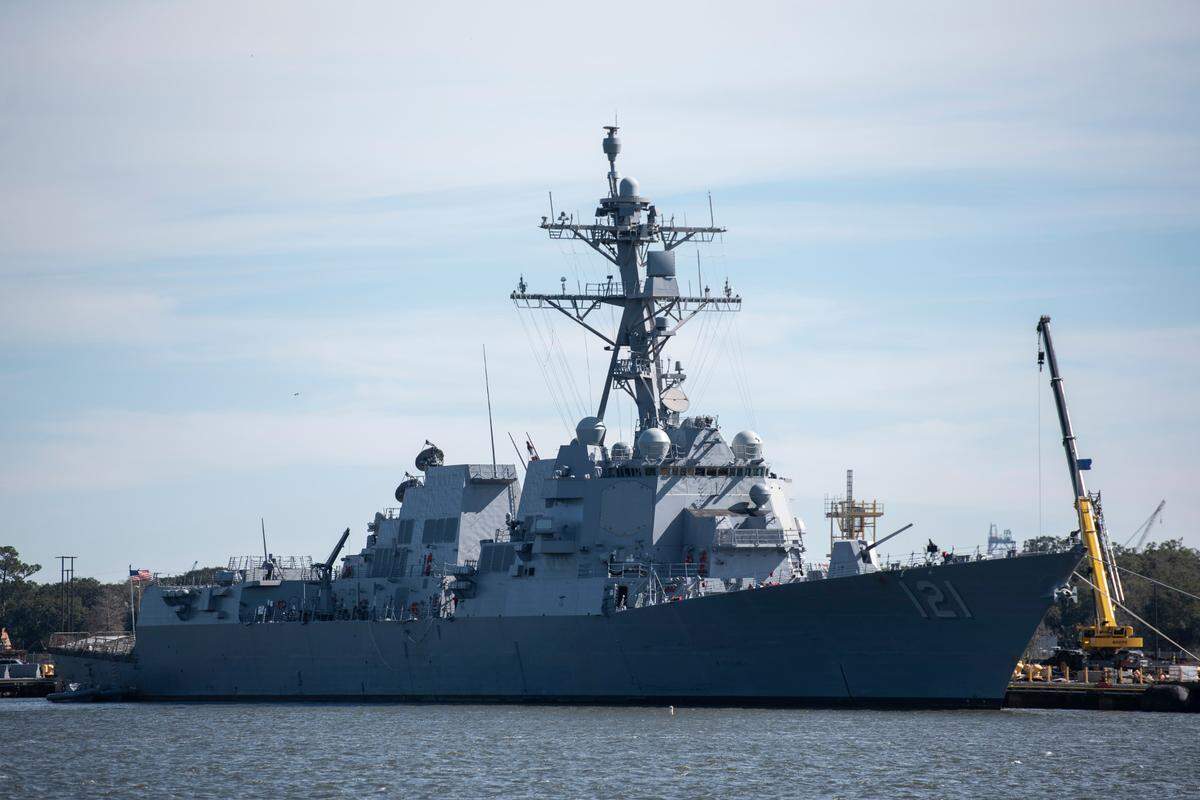 Guided missile destroyer USS Frank E Petersen Jr. (DDG 121) at Ingalls Shipbuilding in Pascagoula on Wednesday, Jan. 26, 2022.