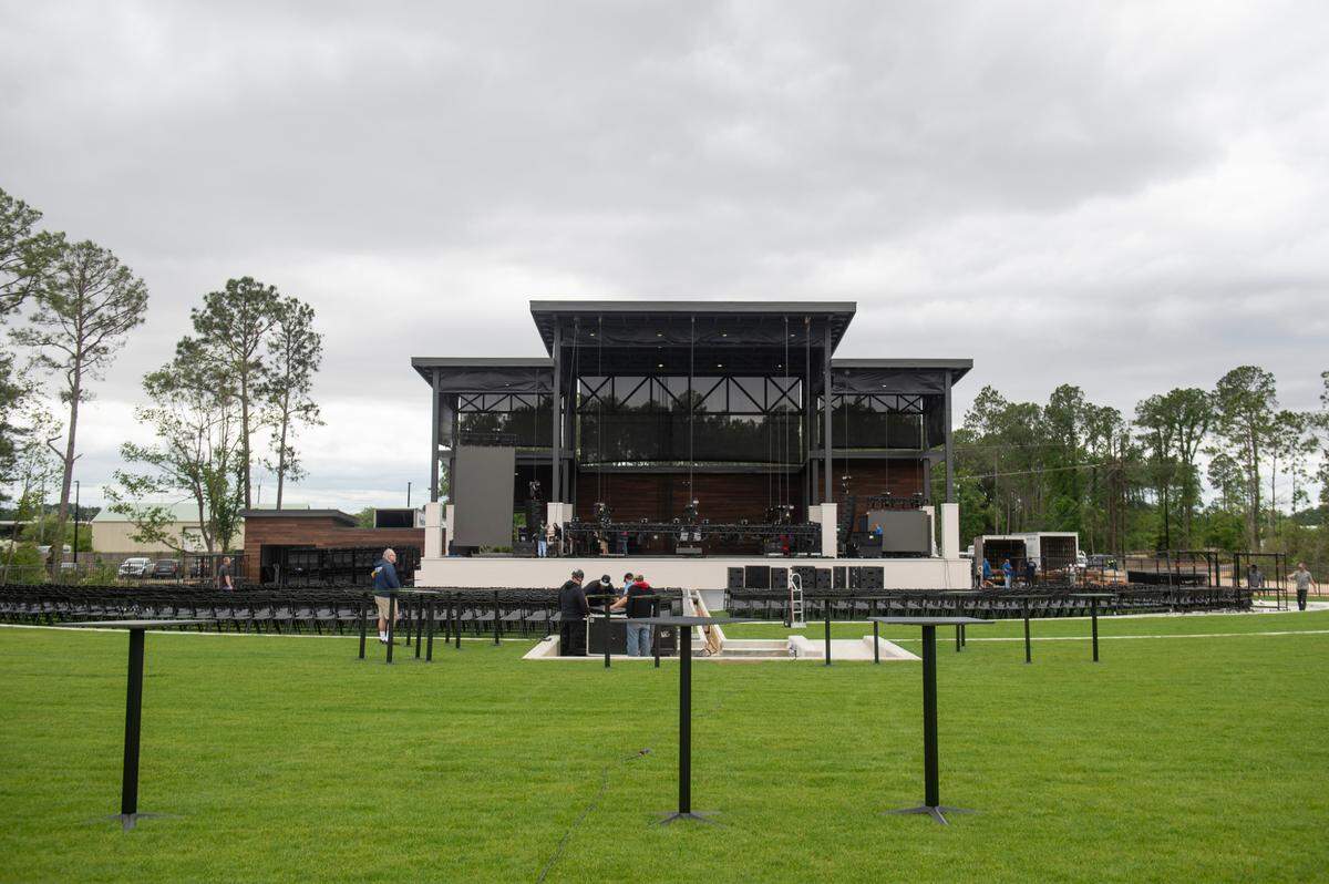 Workers prep for the opening of The Sound Amphitheater in Gautier on Thursday, April 11, 2024. The new venue will host its first concert, KC and The Sunshine Band, on Friday, April 12.
