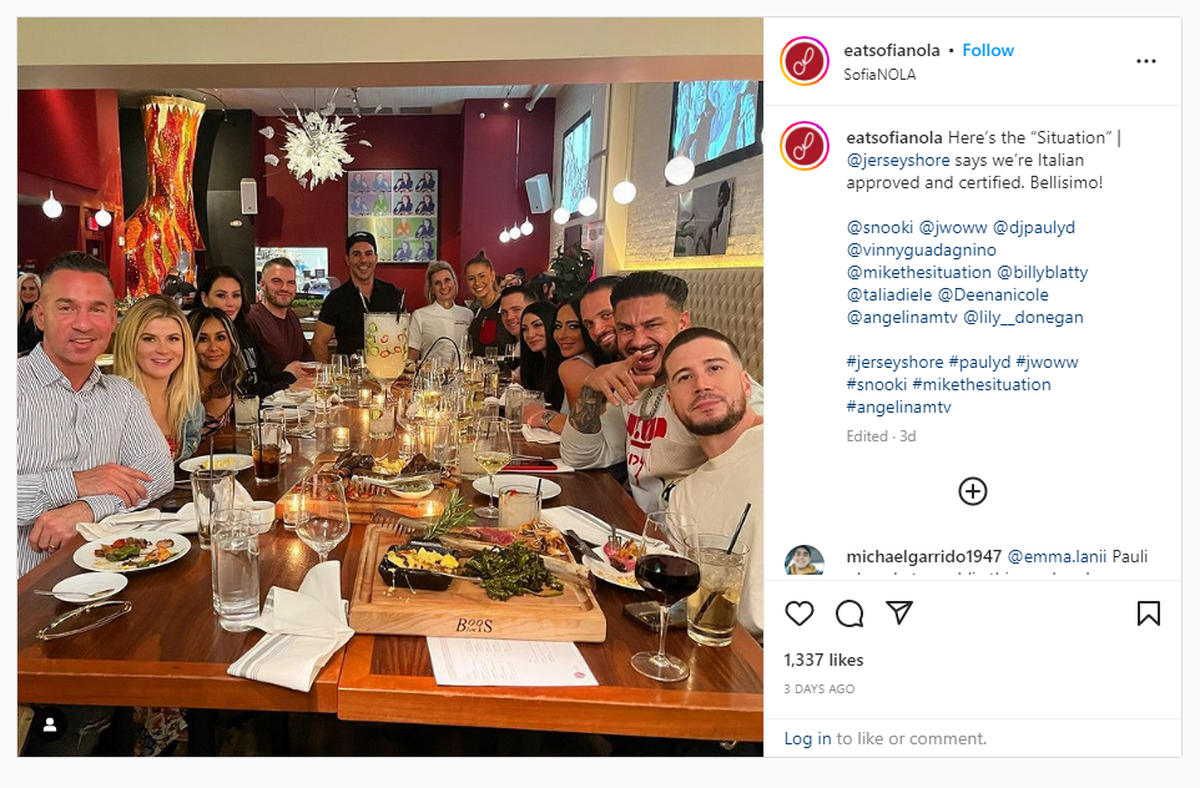 Sofia NOLA posted this on Instagram hours after the entire Jersey Shore cast dined together.