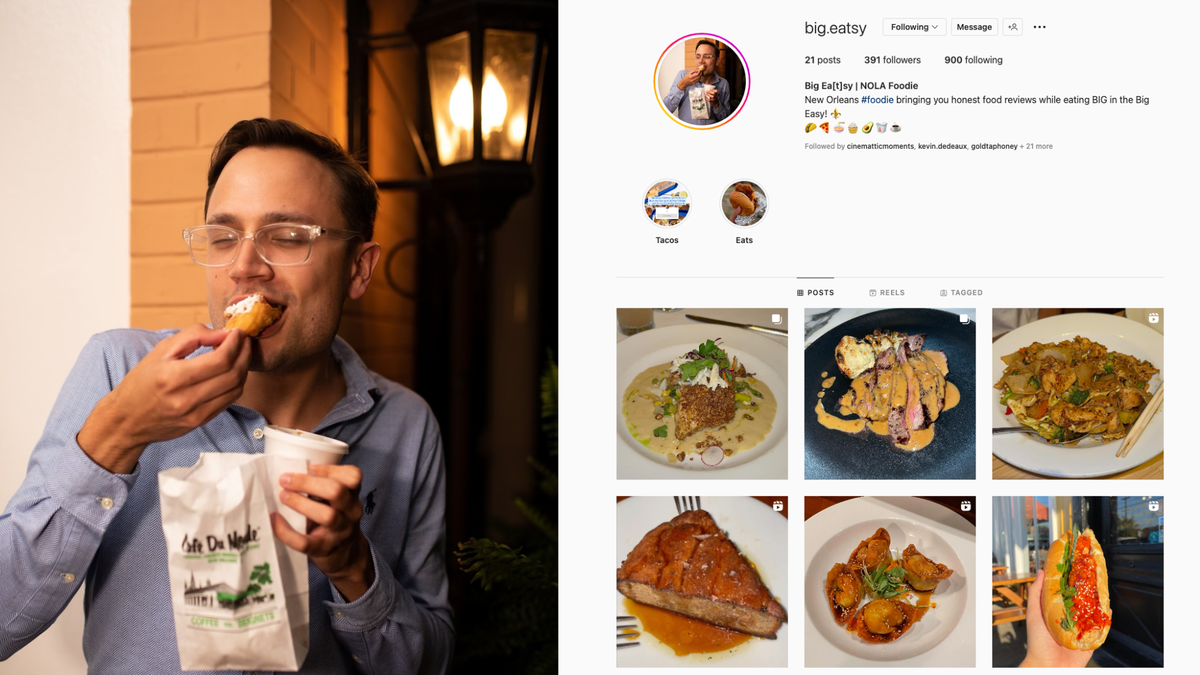 Hancock County native and wedding videographer Mattlan Ladner is the food reviewer and producer behind Big Eatsy, an Instagram account that gives honest reviews of New Orleans restaurants.