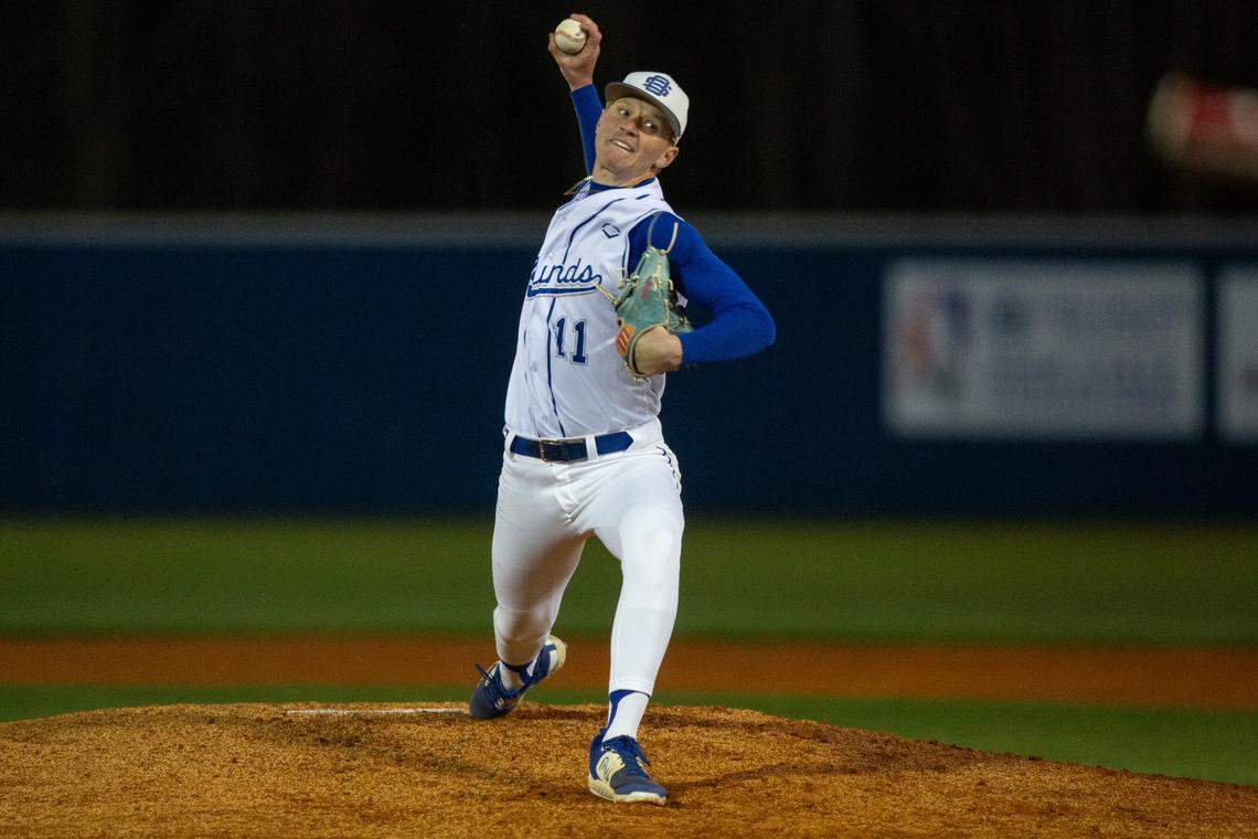Ocean Springs’ Jack Jordan throws a pitch during a game against Jackson Prep in Ocean Springs on Monday, March 11, 2024.