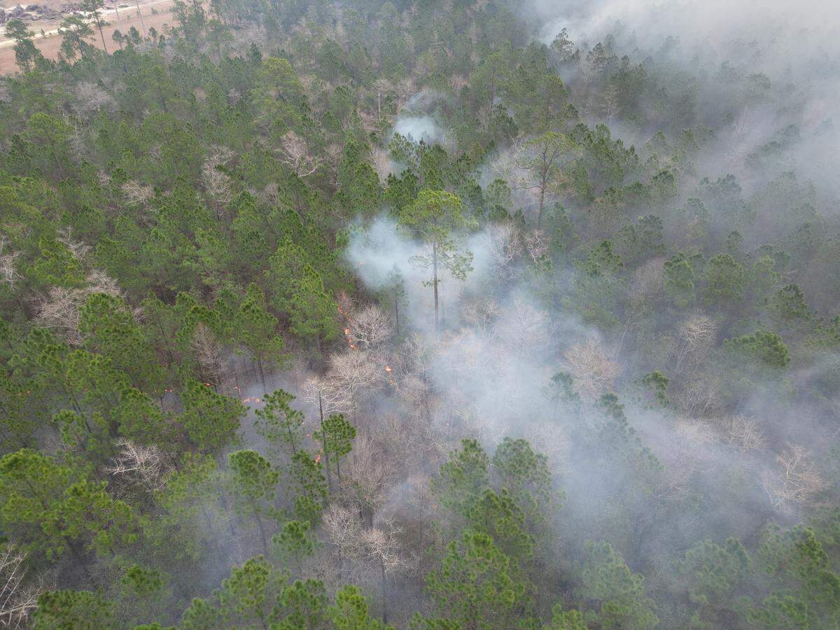 A drone photo from the Hancock County Sheriff’s Office shows a wildfire burning near Highway 90 and the Hancock County Public Safety Complex, which houses the jail, on Feb. 29, 2024. According to officials around 400 acres have burned in the fire.