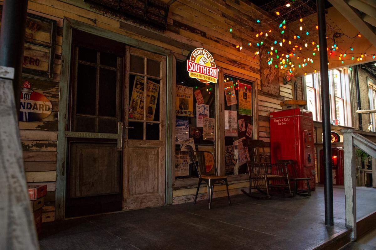 An old porch inside the new Ground Zero Blues Club in Biloxi is intended to mimic the original Ground Zero in Clarksdale and invoke imagery of Mississippi blues.
