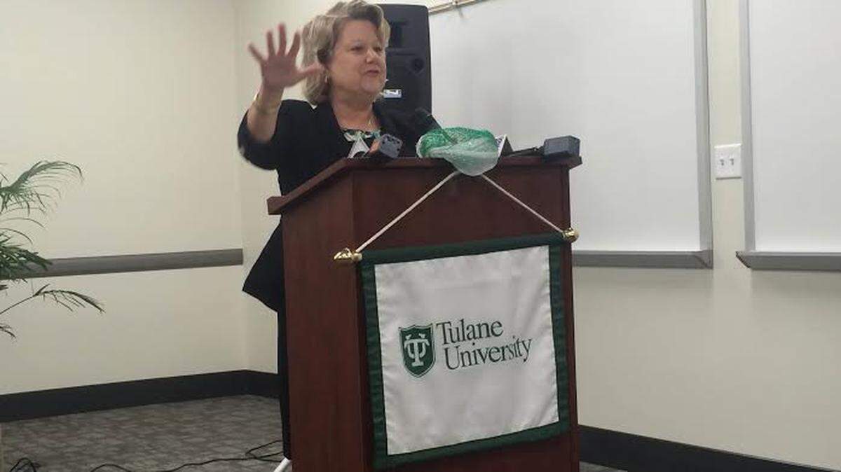 REGINA ZILBERMINTS/SUN HERALD 
 Karen Lucas, the associate dean of the Tulane Mississippi Gulf Coast Campus, speaks before a ribbon cutting on Monday, oct. 26. Tulane University opened a new Biloxi campus.