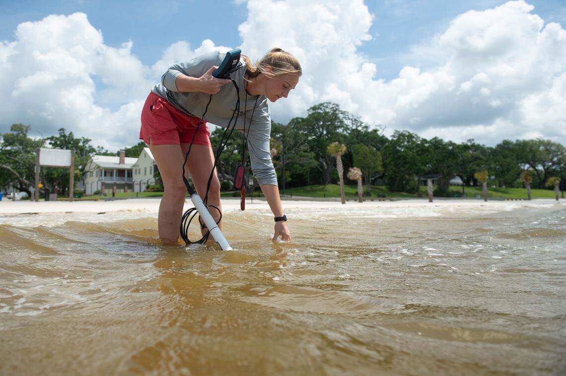 Jennifer Ahlbrand, an environmental natural resource specialist with the Mississippi Department of Environmental Quality, collects a water sample from a collection site at Front Beach in Ocean Springs on April 30, 2025. 