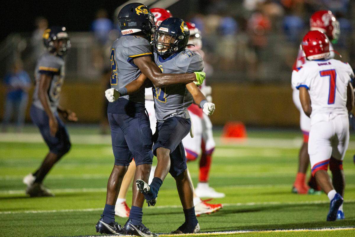 Gautier’s Shamarie Carroll celebrates after a play during a game against Pascagoula at Gautier High School in Gautier on Friday, Sept. 2, 2022.