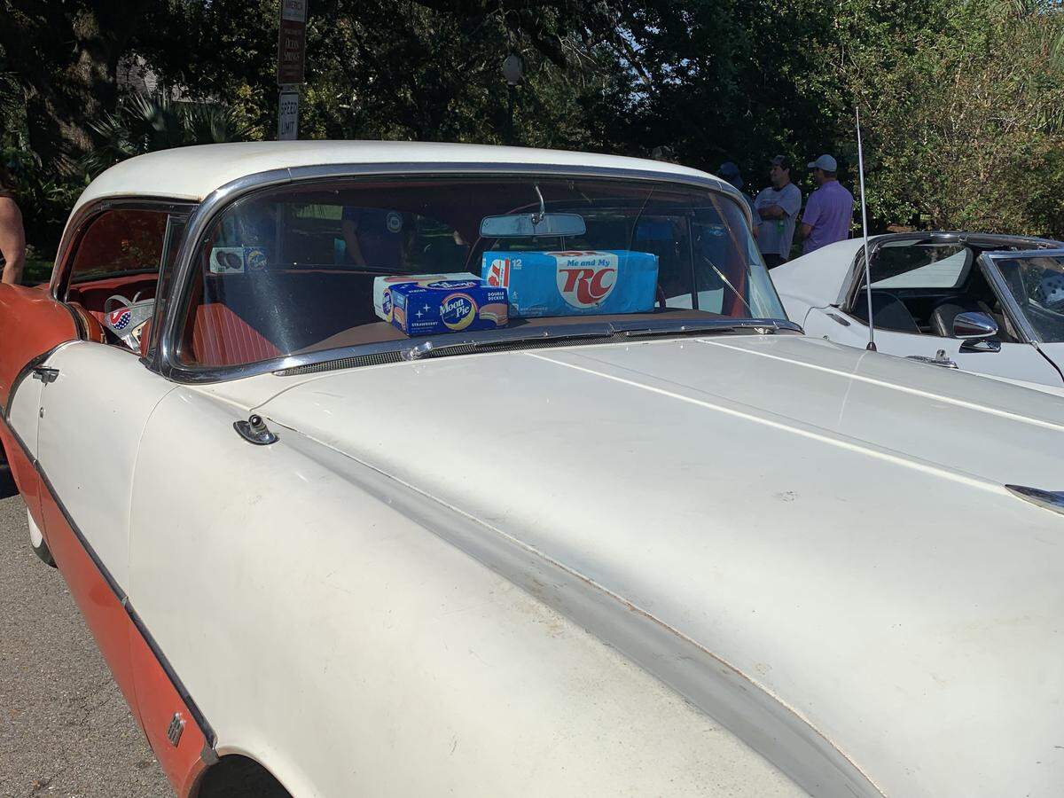 RC Cola and Moon Pies in the window of this Cruiser in downtown Ocean Springs add a Southern touch to Cruisin’ The Coast. Mardi Gras beads also swing from many rearview mirrors when cars from across the country come to South Mississippi