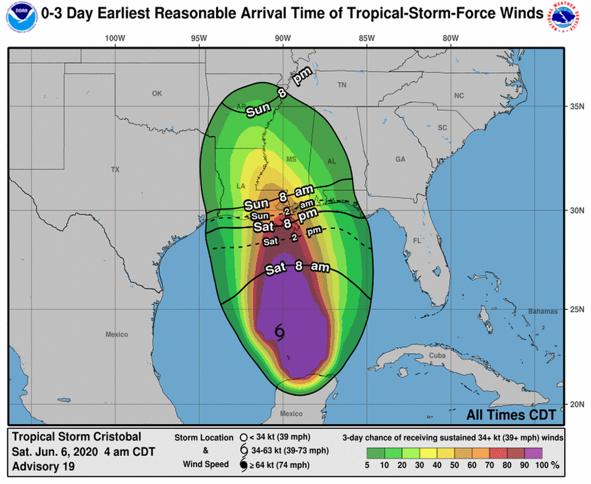 Tropical storm force winds could arrive along the Gulf Coast as early as Saturday night.