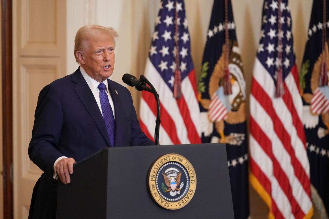 President Donald Trump speaks during a signing ceremony for the Laken Riley Act in the East Room of the White House in Washington, on Wednesday, Jan. 29, 2025. The act directs the authorities to detain and deport immigrants who are accused — not yet convicted — of specific crimes, if they are in the country illegally. (Doug Mills/The New York Times)