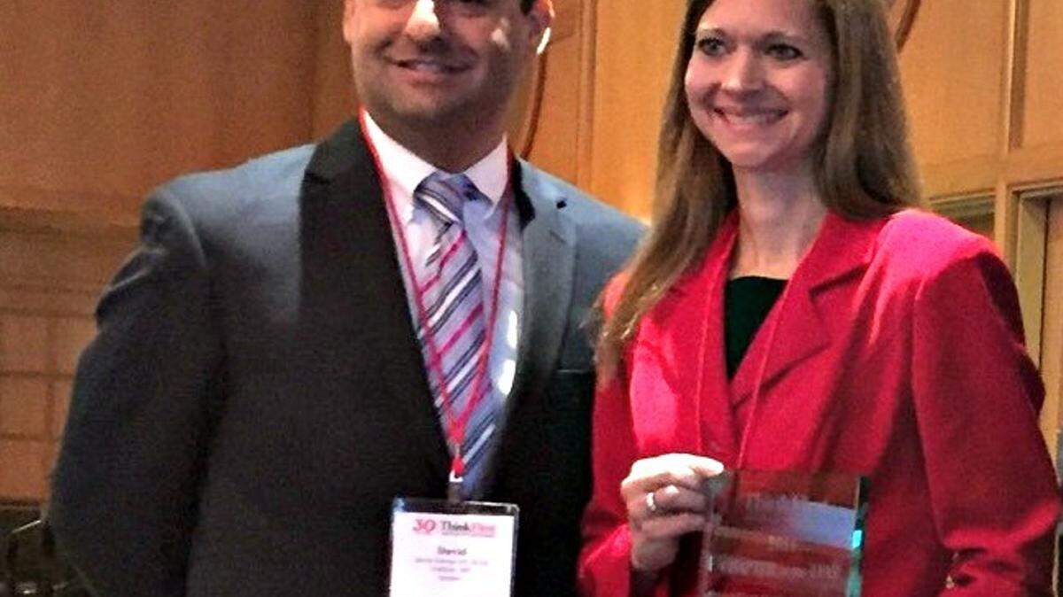 MEMORIAL HOSPITAL 
 Dave Estorge, president of Memorial Hospital Foundation, and Heather Sudduth, occupational therapist, accept the 2016 Chapter of the Year by the ThinkFirst National Injury Prevention Foundation.