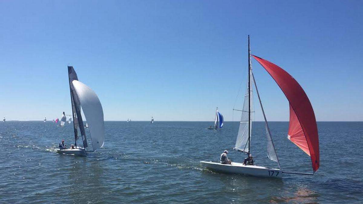 SHANNON WEATHERLY/SPECIAL TO THE SUN HERALDBoats competing in the Gulfport Yacht Club's VXOne North American Championship Wednesday are from left Davis Island (S.C.) Yacht Club, Bay-Waveland Yacht Club and, in the background with blue spinnaker, Isabelita Con Queso.