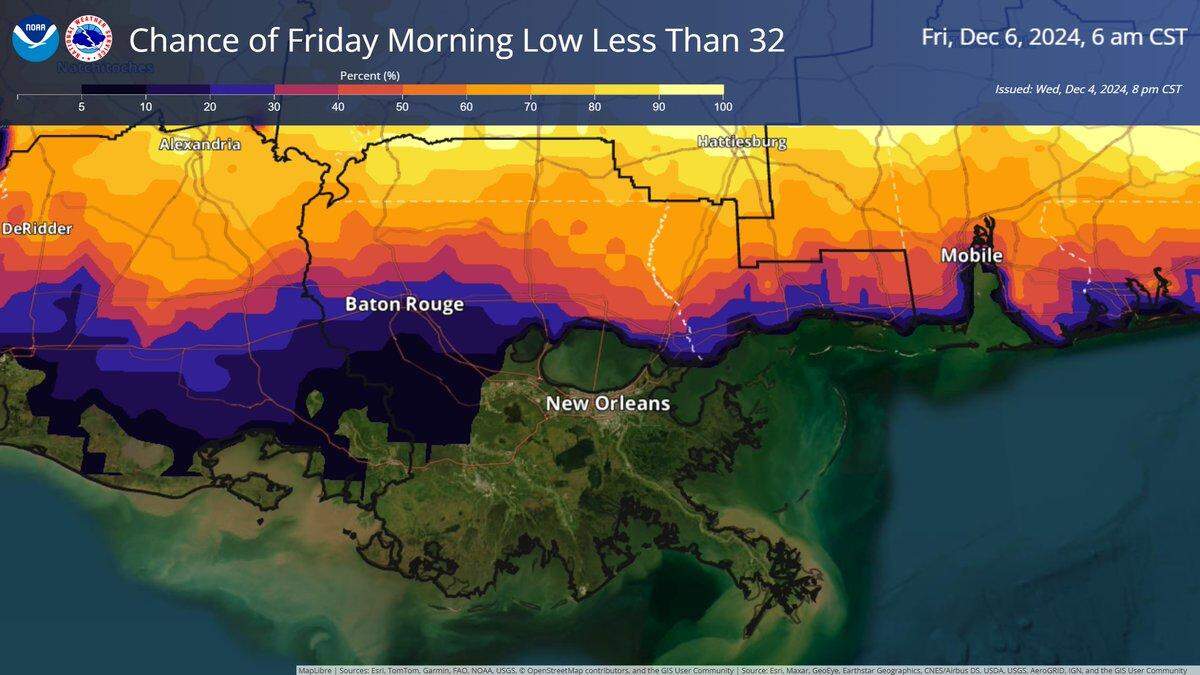The National Weather Service said temperatures across the Mississippi Coast may drop close to or below freezing, with cooler windchills.