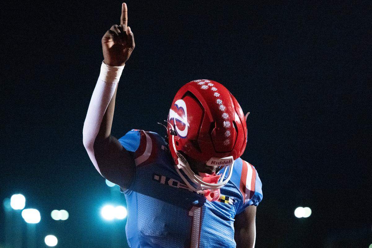 Pascagoula running back Amarie Jackson celebrates scoring a touchdown during a football game at Pascagoula High School on Thursday, Nov. 6, 2025.