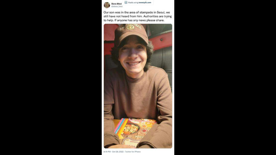 College student Steven Blesi, 20, was among more than 150 people killed in a crowd surge in Seoul, South Korea, offcials said.