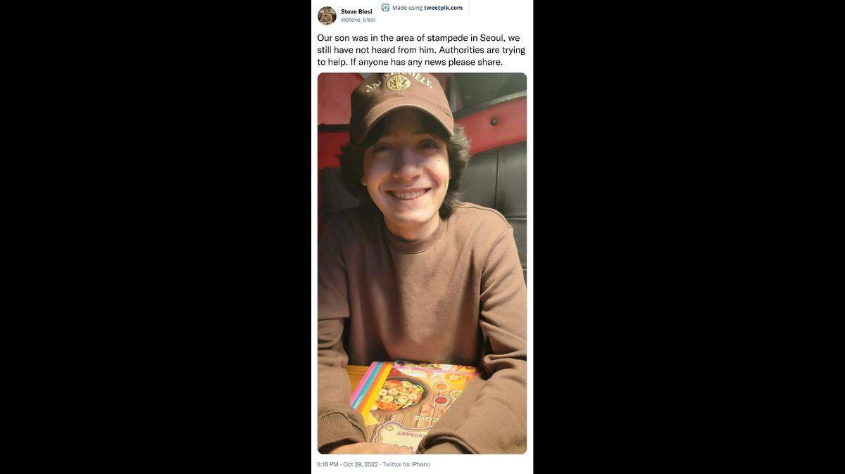 College student Steven Blesi, 20, was among more than 150 people killed in a crowd surge in Seoul, South Korea, offcials said.
