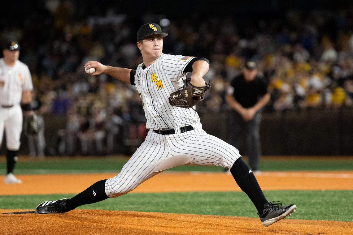 Southern Miss right-handed pitcher Camden Clark (20) pitches the ball during a baseball game at Pete Taylor Park in Hattiesburg on Tuesday, March 3, 2026.