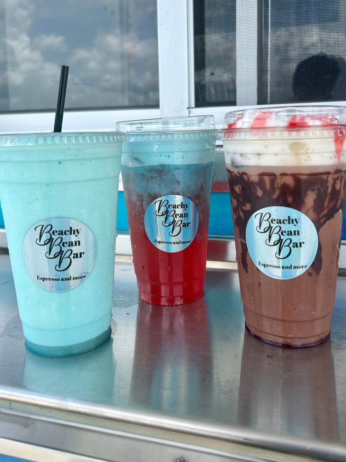 The blue raspberry frozen lemonade, a Blue Lagoon Red Bull spritzer and Dubai chocolate coffee from Beachy Bean Bar in Saucier, Mississippi.