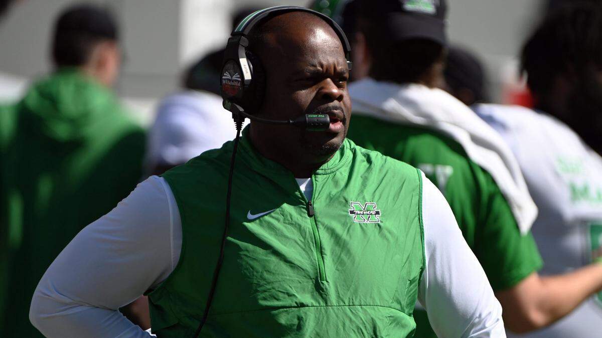 Oct 7, 2023; Raleigh, North Carolina, USA; Marshall Thundering Herd head coach Charles Huff looks on during the first half against the North Carolina State Wolfpack at Carter-Finley Stadium. Mandatory Credit: Rob Kinnan-USA TODAY Sports
