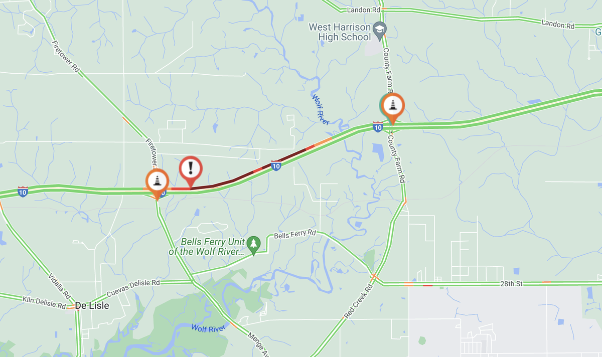A Mississippi Department of Transportation traffic map showed traffic beginning to back up Thursday morning near the Menge Avenue exit on Interstate 10.