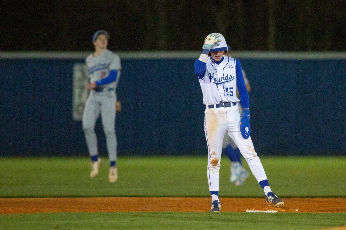 Ocean Springs’ AJ Rossi makes it to second base during a game against Jackson Prep in Ocean Springs on Monday, March 11, 2024.