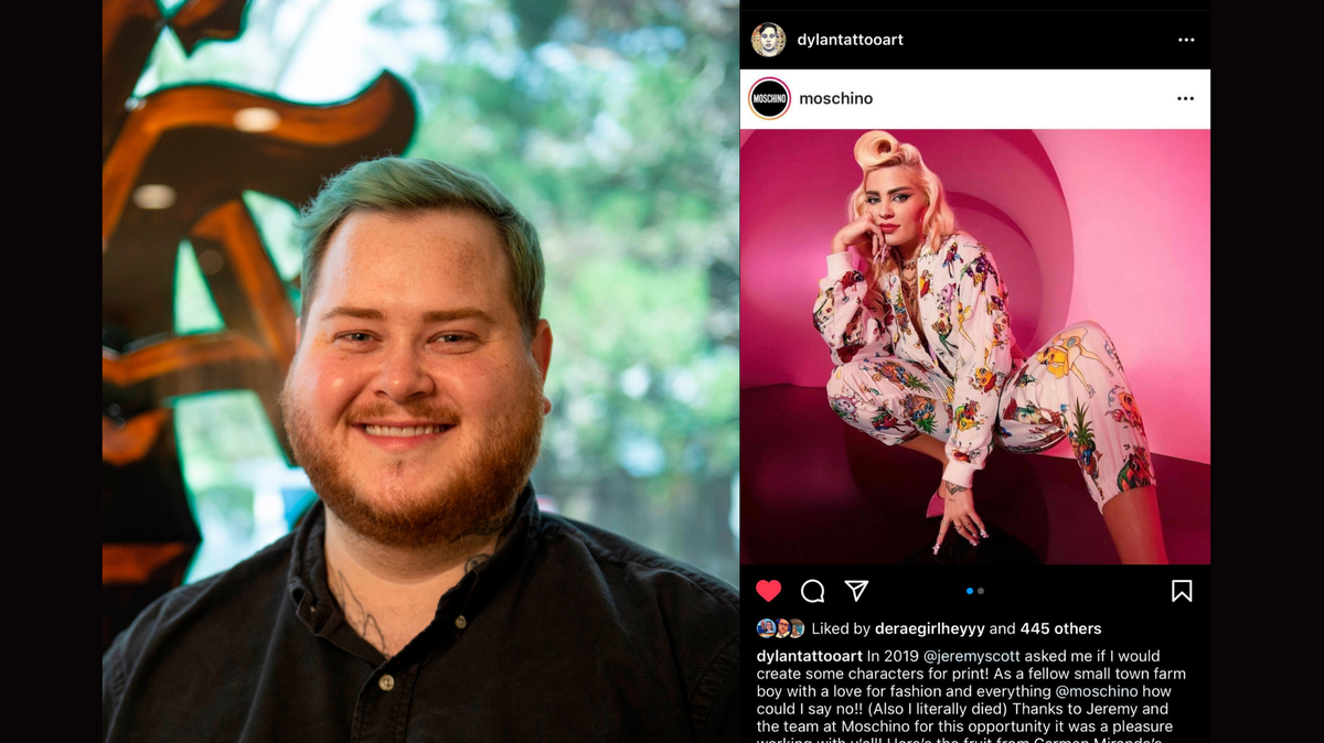 Dylan Sartin, a tattoo atist at Twisted Anchor Tattoos & Art Gallery in downtown Ocean Springs, designed a collection of fruits in collaboration with fashion mogul Jeremy Scott for Moschino.