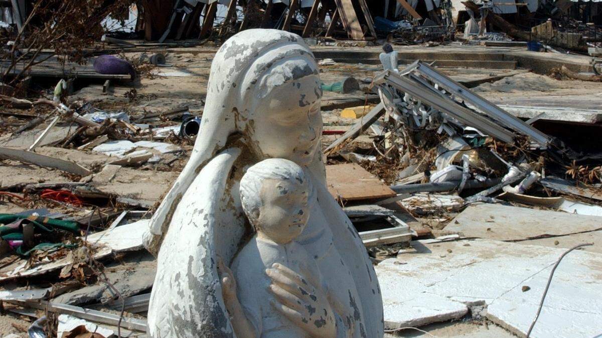 A Virgin Mary statue holding the baby Jesus is just one a handfull of items left from the heavily dmamge St. Thomas Church on U.S. 90 in Long Beach. The church was nearly demolished for the high storms surge of water and high winds from Hurricane Katrina.