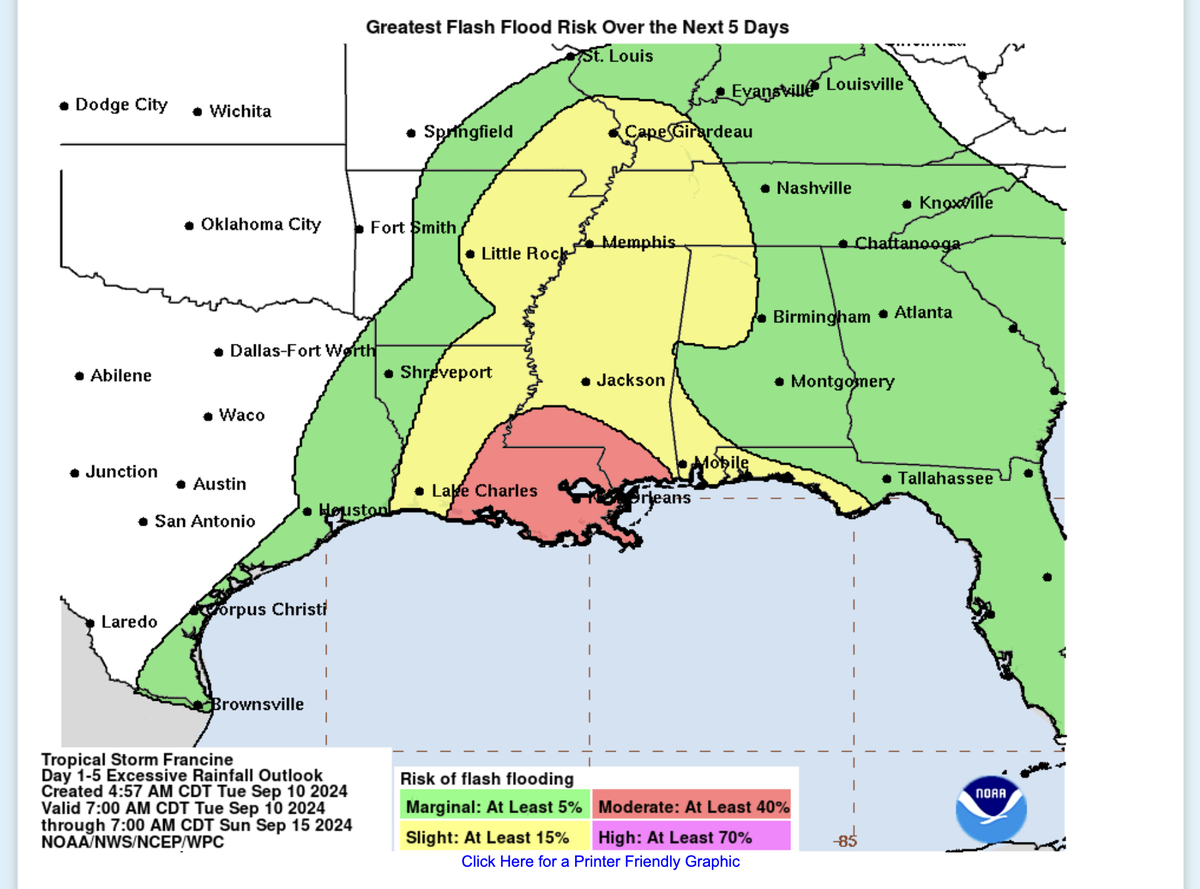This map shows the potential for flash flooding from Tropical Storm Francince, which is expected to make landfall in Louisiana on Wednesday as a hurricane.