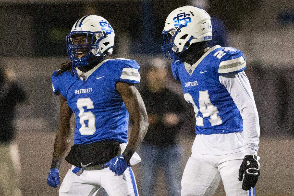 Ocean Springs’ Kenderek Weathers celebrates after a play during a 6A playoff game at Greyhound Stadium in Ocean Springs on Friday, Nov. 18, 2022.