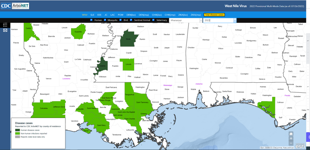 CDC reports of West Nile 2022