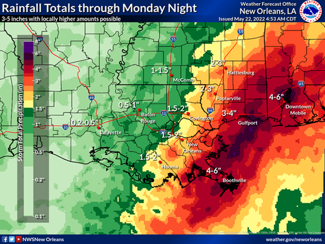 The Mississippi Coast could see 3 to 4 inches of rain through Monday night.