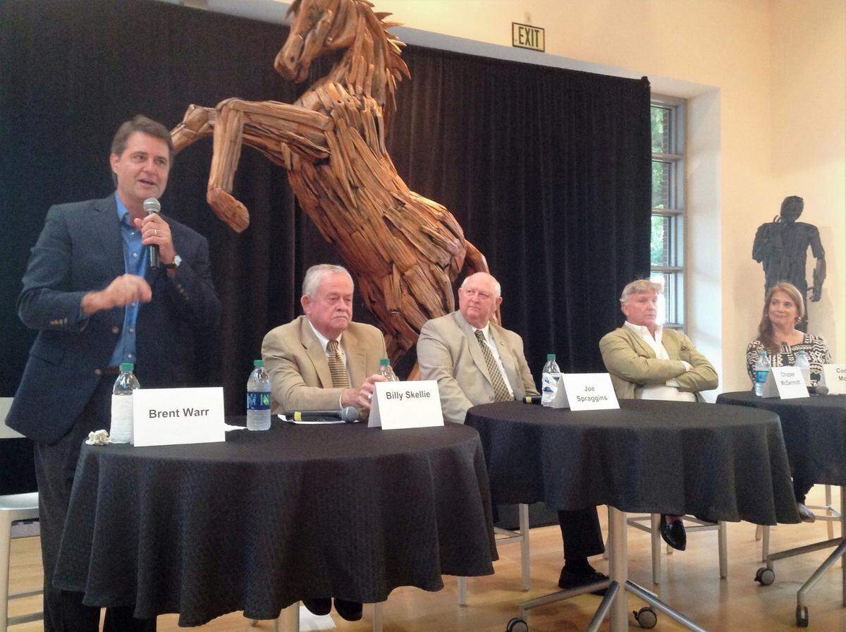 Mayors who were new to the job during Hurricane Katrina recall what it as like during a Katrina +10 presentation in 2015. From left are former Gulfport Mayor Brent Warr; Long Beach Mayor Billy Skellie; Joe Spraggins, whose first day as emergency director for Harrison County was the day Katrina hit; Pass Christian Mayor Chipper McDermott; and Ocean Springs Mayor Connie Moran.